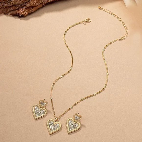 3/$35 14K Gold Plated Jewelry Set Heart Necklace Drop Earrings Cubic Zirconia - Picture 5 of 6
